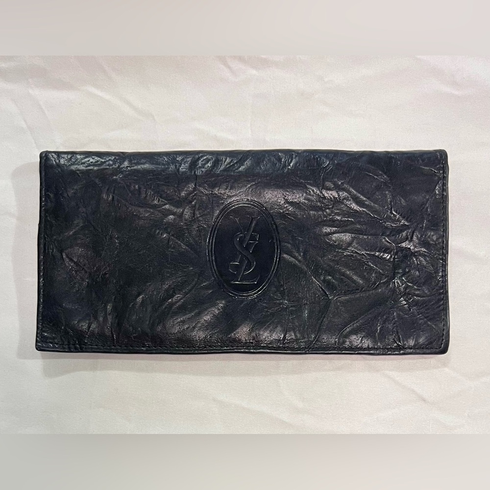 VINTAGE Yves Saint Laurent YSL Calf Leather Crinkle Bifold Wallet Antique Rare